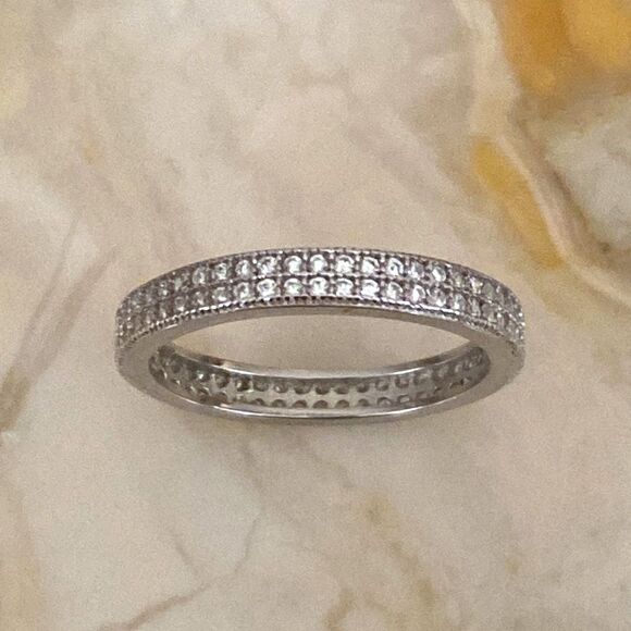 925 Sterling Silver Full Double Row Eternity Ring Cubic Zirconia - Picture 3 of 8